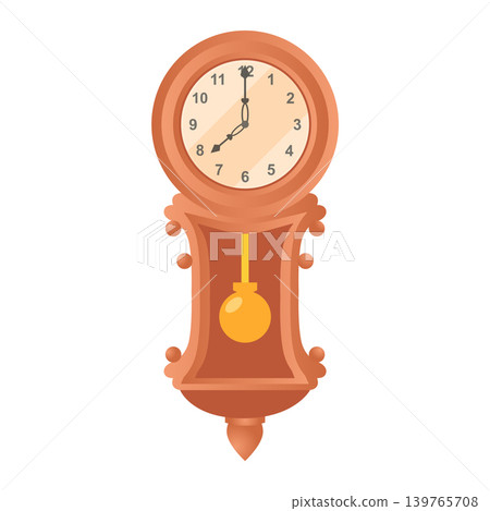 Pendulum clock in flat design. Vintage classic wooden clock for wall. Vector illustration isolated. Pendulum clock in flat design. Vintage classic wooden clock for wall. Vector illustration isolated. 139765708