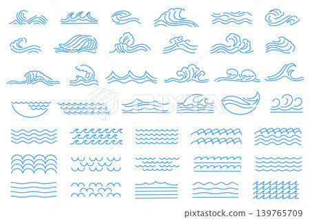 Water waves mega set elements in flat graphic design. Bundle objects of blue lines contours of aqua streams, ripple puddles shapes, swirl fountain forms, pouring fluid curves. Vector illustration. Water waves mega set elements in flat graphic design. Bundle objects of blue lines contours of aqua streams, ripple puddles shapes, swirl fountain forms, pouring fluid curves. Vector illustration. 139765709