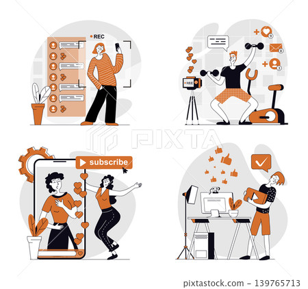 Video blogging concept set in flat design for web. Collection with people recording new videos in fitness blog and other, making live translation, communicating with followers. Vector illustrations. Video blogging concept set in flat design for web. Collection with people recording new videos in fitness blog and other, making live translation, communicating with followers. Vector illustrations. 139765713