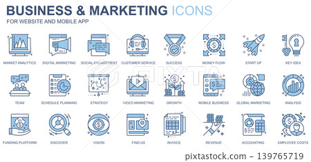 Business and marketing web icons set in duotone line design. Pack of market analysis, social engagement, customer service, success, money, startup, other outline stroke pictograms. Vector illustration Business and marketing web icons set in duotone line design. Pack of market analysis, social engagement, customer service, success, money, startup, other outline stroke pictograms. Vector illustration 139765719