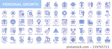 Personal growth web icons set in duotone outline stroke design. Pack pictograms with leadership, vision, mentor, skill, creativity, work hard, motivation, compensation, open mind. Vector illustration. Personal growth web icons set in duotone outline stroke design. Pack pictograms with leadership, vision, mentor, skill, creativity, work hard, motivation, compensation, open mind. Vector illustration. 139765721