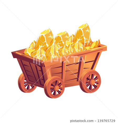 Mining cart with golds in flat design. Wheelbarrow with golden crystals. Vector illustration isolated. Mining cart with golds in flat design. Wheelbarrow with golden crystals. Vector illustration isolated. 139765729