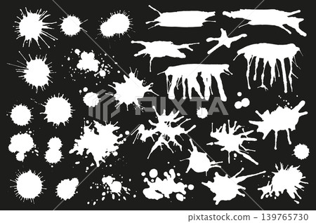 White ink drops and splashes set elements in flat graphic design. Bundle objects of grunge stains and drips, messy paintbrush blots, grainy splattered texture, dirty paint spots. Vector illustration. White ink drops and splashes set elements in flat graphic design. Bundle objects of grunge stains and drips, messy paintbrush blots, grainy splattered texture, dirty paint spots. Vector illustration. 139765730