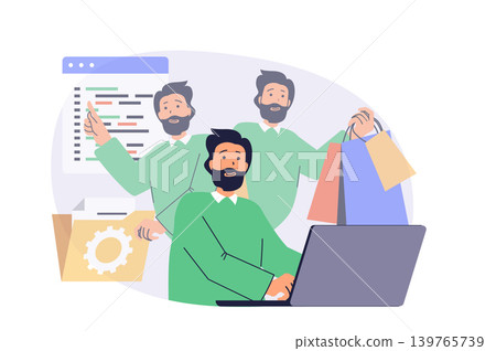 Multitasking web concept with flat cartoon people for website design. Man doing work tasks and organisation routines in office, coding at laptop, doing paperwork, shopping online. Vector illustration. Multitasking web concept with flat cartoon people for website design. Man doing work tasks and organisation routines in office, coding at laptop, doing paperwork, shopping online. Vector illustration. 139765739