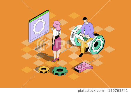 Development web concept in 3d isometric graphic design. Isometry people scene with developer team engineering project prototype with innovations, programming and coding at screen. Vector illustration. 139765741