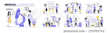Medical laboratory concept set in flat web design. Collection with people making researching by microscope, analysis molecular dna, doing tests. Flat vector illustration isolated on white background. 139765742