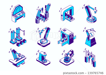 Robotization industry concept 3d isometric icons set for web isometry design. Collection elements of robots, robotic arms packaging, conveyor manufacturing, smart factory, more. Vector illustration. Robotization industry concept 3d isometric icons set for web isometry design. Collection elements of robots, robotic arms packaging, conveyor manufacturing, smart factory, more. Vector illustration. 139765746