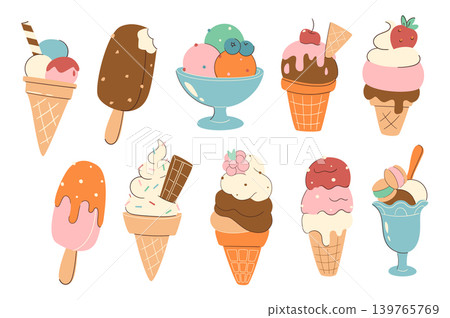Ice cream set in flat graphic design. Collection isolated elements of different cold desserts with scoop balls, waffle cones, berries, gelato, popsicle, sorbet, sundae and other. Vector illustration. Ice cream set in flat graphic design. Collection isolated elements of different cold desserts with scoop balls, waffle cones, berries, gelato, popsicle, sorbet, sundae and other. Vector illustration. 139765769