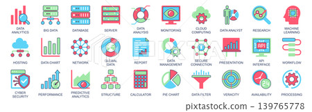 Data analytics icon set in flat color icons web design. Pack pictograms with database, server, analysis, monitoring, cloud computing, research, analyst, machine learning, other. Vector illustration. Data analytics icon set in flat color icons web design. Pack pictograms with database, server, analysis, monitoring, cloud computing, research, analyst, machine learning, other. Vector illustration. 139765778