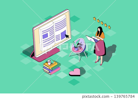Online reading web concept in 3d isometric graphic design. Isometry people scene with woman reading e-book or textbook at laptop, buying electronic literature at online bookstore. Vector illustration. 139765784