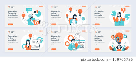 Creative business concept of landing page with slide templates set in flat design. Website headers with people thinking, finding best solutions, brainstorming, develop company. Vector illustrations. 139765786