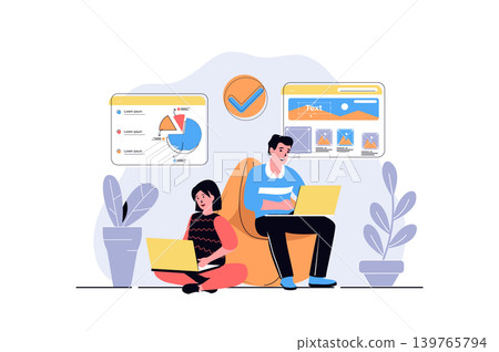 Freelance working web concept with cartoon people design. Woman making data analysis at laptop and man designing webpage while sits in armchair. Flat vector illustration isolated on white background. Freelance working web concept with cartoon people design. Woman making data analysis at laptop and man designing webpage while sits in armchair. Flat vector illustration isolated on white background. 139765794
