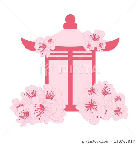 Japanese pagoda with sakura flowers in flat design. Gazebo with blossoms. Vector illustration isolated. 139765817