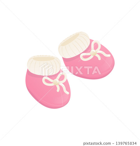 Pink baby booties in flat design. Small knitted shoes for newborn girl. Vector illustration isolated. Pink baby booties in flat design. Small knitted shoes for newborn girl. Vector illustration isolated. 139765834