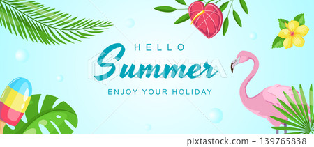Summer horizontal sale banner. Shopping promotion poster template with tropical palm and monstera leaves, hibiscus and calla lily flowers, fruit ice cream, pink flamingo bird. Vector illustration. Summer horizontal sale banner. Shopping promotion poster template with tropical palm and monstera leaves, hibiscus and calla lily flowers, fruit ice cream, pink flamingo bird. Vector illustration. 139765838