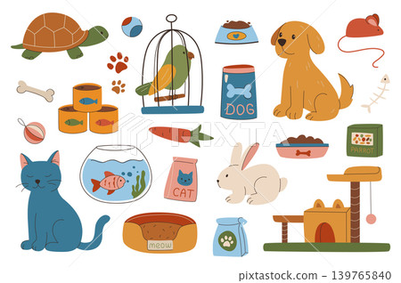 Pet supplies set in flat graphic design. Collection isolated elements of turtle, parrot, dog, cat, rabbit, cage, toy, canned food, bone, carrot, aquarium fish, bed, house, other. Vector illustration. Pet supplies set in flat graphic design. Collection isolated elements of turtle, parrot, dog, cat, rabbit, cage, toy, canned food, bone, carrot, aquarium fish, bed, house, other. Vector illustration. 139765840