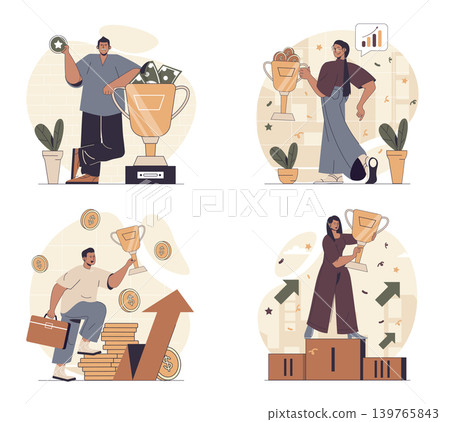Business award concept scenes set in flat web design. People in situations of achieving career goals, celebrating victory with golden trophy cup with triumph, increasing money. Vector illustrations. Business award concept scenes set in flat web design. People in situations of achieving career goals, celebrating victory with golden trophy cup with triumph, increasing money. Vector illustrations. 139765843