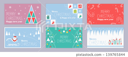 Merry Christmas cover template for social media. Xmas greeting cards with holiday patterns, gifts with socks, candy canes, balls, Santa Claus in sled at forest, winter houses. Vector illustration. Merry Christmas cover template for social media. Xmas greeting cards with holiday patterns, gifts with socks, candy canes, balls, Santa Claus in sled at forest, winter houses. Vector illustration. 139765844