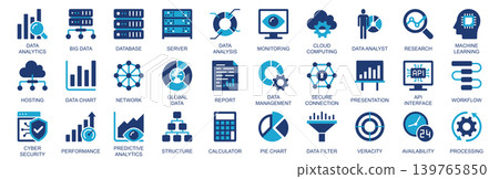 Data analytics icon set in flat duotone solid icons web design. Pack pictograms with database, server, analysis, monitoring, cloud computing, machine learning, hosting, other. Vector illustration. 139765850