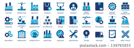 Factory icon set in flat duotone solid icons web design. Pack pictograms with production, industry, product, machine, packaging, quality control, progress, assembly line, other. Vector illustration. 139765855