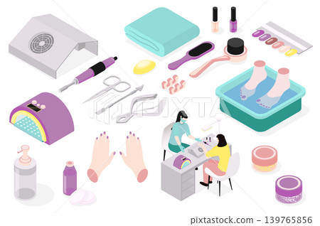 Manicure salon 3d isometric mega set in isometry graphic design. Collection elements of lamp, scissors, brush, towel, nail polish, color samples, hands, manicurist, other tools. Vector illustration. Manicure salon 3d isometric mega set in isometry graphic design. Collection elements of lamp, scissors, brush, towel, nail polish, color samples, hands, manicurist, other tools. Vector illustration. 139765856