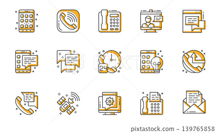 Communication icons set in outline stroke design for web. Pack line pictograms with application, phone call, video zoom, chat, message, speech bubble, customer support, other. Vector illustration. Communication icons set in outline stroke design for web. Pack line pictograms with application, phone call, video zoom, chat, message, speech bubble, customer support, other. Vector illustration. 139765858