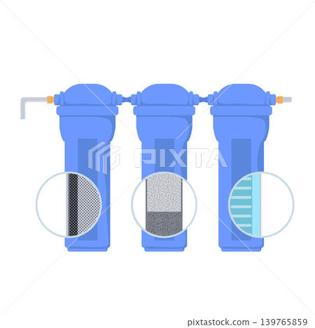 Water filtration filters in flat design. Purification system with fillers. Vector illustration isolated. Water filtration filters in flat design. Purification system with fillers. Vector illustration isolated. 139765859