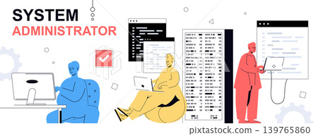 System administrator concept in flat cartoon design for web banner. People monitoring server racks infrastructure, doing maintenance and technical repair, managing and supporting. Vector illustration. System administrator concept in flat cartoon design for web banner. People monitoring server racks infrastructure, doing maintenance and technical repair, managing and supporting. Vector illustration. 139765860