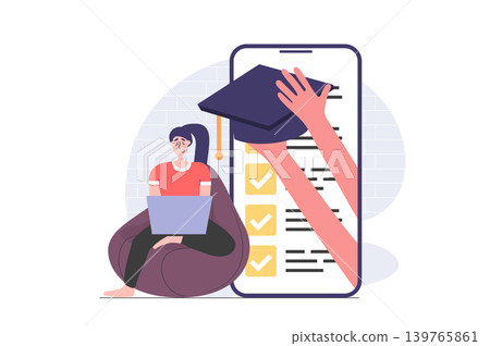 Back to school concept in modern flat design for web. Student learning online and studying distantly at laptop, passes exam in mobile application and getting graduation cap. Vector illustration. Back to school concept in modern flat design for web. Student learning online and studying distantly at laptop, passes exam in mobile application and getting graduation cap. Vector illustration. 139765861