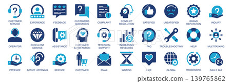 Customer service icon set in flat duotone solid icons web design. Pack pictograms with experience, feedback, question, conflict resolution, satisfied, brand reputation, other. Vector illustration. Customer service icon set in flat duotone solid icons web design. Pack pictograms with experience, feedback, question, conflict resolution, satisfied, brand reputation, other. Vector illustration. 139765862