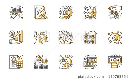 Finance icons set in outline stroke design for web. Pack line pictograms with money, search, financial idea, savings, earning, increase graph, payment, profit, piggy bank, other. Vector illustration. Finance icons set in outline stroke design for web. Pack line pictograms with money, search, financial idea, savings, earning, increase graph, payment, profit, piggy bank, other. Vector illustration. 139765864