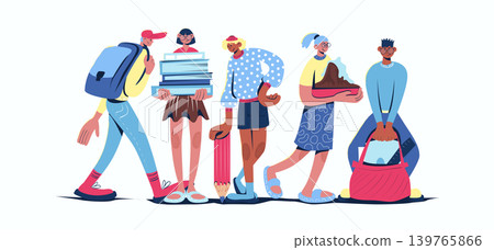 School learning concept in cartoon web design. People studying together in class. Teenage boys and girls with books, schoolbags and homework. Flat vector illustration isolated on white background. School learning concept in cartoon web design. People studying together in class. Teenage boys and girls with books, schoolbags and homework. Flat vector illustration isolated on white background. 139765866