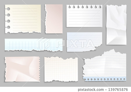 Ripped paper strips set elements in flat graphic design. Bundle objects of torn white notebook pages, lined or chequered note sheets with torn edges, crumpled blank message notes. Vector illustration. 139765876