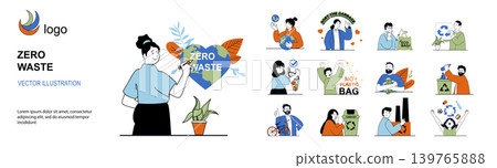 Zero waste concept with character situations mega set in flat web design. Bundle of scenes people taking care of global environment, sorting garbage, using eco shopping bags. Vector illustrations. 139765888