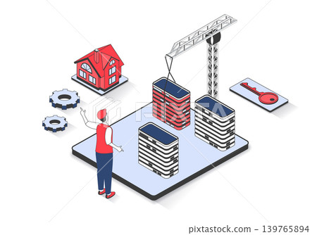 Real estate 3d isometric concept with isometry people design for web. Man working at construction site, building new suburb residential houses and skyscraper apartments for sales. Vector illustration. Real estate 3d isometric concept with isometry people design for web. Man working at construction site, building new suburb residential houses and skyscraper apartments for sales. Vector illustration. 139765894