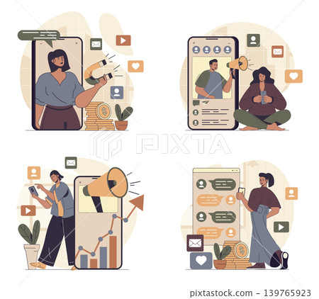 Social media marketing concept scenes set in flat web design. People in situations of making online advertising with influencers, attract targeting audience, sharing promo info. Vector illustrations. Social media marketing concept scenes set in flat web design. People in situations of making online advertising with influencers, attract targeting audience, sharing promo info. Vector illustrations. 139765923