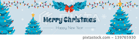 Merry Christmas banner design. Xmas party invitation template with festive pine trees with balls, toys and stars on top, holly leaves wreath with bow, lamp garland, snowflake fly. Vector illustration. Merry Christmas banner design. Xmas party invitation template with festive pine trees with balls, toys and stars on top, holly leaves wreath with bow, lamp garland, snowflake fly. Vector illustration. 139765930