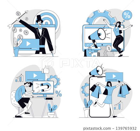 Video marketing concept set in flat design for web. Collection with people creating viral videos, posts content, making online advertising, attracting new followers and clients. Vector illustrations. Video marketing concept set in flat design for web. Collection with people creating viral videos, posts content, making online advertising, attracting new followers and clients. Vector illustrations. 139765932