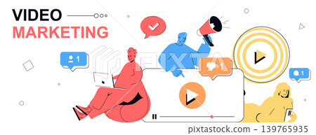 Video marketing concept in flat cartoon design for web banner. People analyzing market trends, creating viral video content, making advertisement with attracting audience traffic. Vector illustration. Video marketing concept in flat cartoon design for web banner. People analyzing market trends, creating viral video content, making advertisement with attracting audience traffic. Vector illustration. 139765935