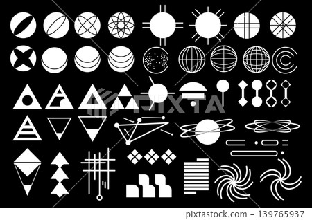 Retro futuristic y2k set elements in flat graphic design. Collection of basic white geometric shapes, rounds, spheres and triangles with mesh, lines, links, abstract grids, other. Vector illustration. Retro futuristic y2k set elements in flat graphic design. Collection of basic white geometric shapes, rounds, spheres and triangles with mesh, lines, links, abstract grids, other. Vector illustration. 139765937