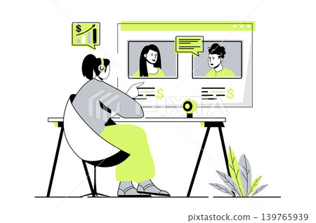 Video business conference web concept with flat cartoon people for website design. Colleagues discussing work tasks in group chat, coworkers communicating at online meeting. Vector illustration. Video business conference web concept with flat cartoon people for website design. Colleagues discussing work tasks in group chat, coworkers communicating at online meeting. Vector illustration. 139765939