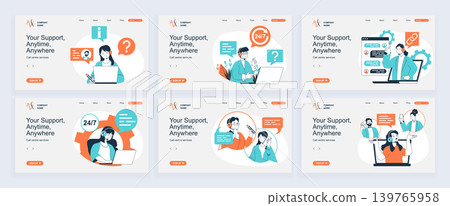 Call center concept of landing page with slide templates set in flat design. Website headers with people answering calls, online messages in support service, consulting clients. Vector illustrations. 139765958