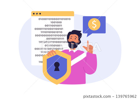 Cyber security concept in modern flat design for web. Man using protective system for his personal finance accounts with encryptions and locking access with key verification. Vector illustration. Cyber security concept in modern flat design for web. Man using protective system for his personal finance accounts with encryptions and locking access with key verification. Vector illustration. 139765962