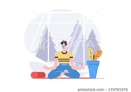 Hobby concept in modern flat design for web. Man sitting in lotus asana and meditating in yoga class, training concentration, calm and emotional balance in spirituality practices. Vector illustration. 139765976