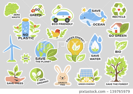 Ecology stickers with slogans set elements in flat graphic design. Collection of zero waste, go green, eco friendly, save ocean, recycle, no plastic, bio, organic, cruelty free. Vector illustration. Ecology stickers with slogans set elements in flat graphic design. Collection of zero waste, go green, eco friendly, save ocean, recycle, no plastic, bio, organic, cruelty free. Vector illustration. 139765979