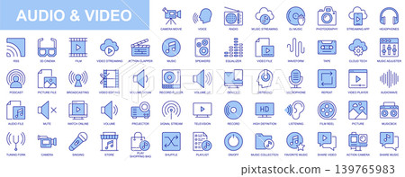 Audio and video web icons set in duotone outline stroke design. Pack pictograms with camera, movie, music, streaming, photography, headphones, cinema, action clapper, equalizer. Vector illustration. Audio and video web icons set in duotone outline stroke design. Pack pictograms with camera, movie, music, streaming, photography, headphones, cinema, action clapper, equalizer. Vector illustration. 139765983