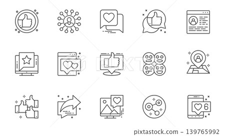 Social media icons set in outline stroke design for web. Pack line pictograms with like, link, heart, feedback, comment, personal profile, star rating, audience, sharing, other. Vector illustration. Social media icons set in outline stroke design for web. Pack line pictograms with like, link, heart, feedback, comment, personal profile, star rating, audience, sharing, other. Vector illustration. 139765992