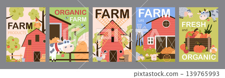 Farm products typography template posters. Vertical covers with cute ranch cows, sheeps, goats, pigs, red barn, organic gardening, other. Modern banners set in minimalism design. Vector illustration. Farm products typography template posters. Vertical covers with cute ranch cows, sheeps, goats, pigs, red barn, organic gardening, other. Modern banners set in minimalism design. Vector illustration. 139765993