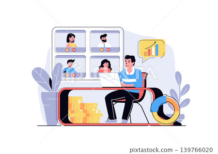 Video business conference web concept with cartoon people design. Man and woman discussing tasks at online meeting, working remotely in zoom. Flat vector illustration isolated on white background. Video business conference web concept with cartoon people design. Man and woman discussing tasks at online meeting, working remotely in zoom. Flat vector illustration isolated on white background. 139766020