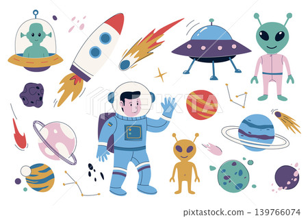 Space and astronomy set in flat graphic design. Collection isolated elements of aliens, ufo spacecraft, rocket, meteorite, planets, astronaut, spaceship, stars, asteroids, other. Vector illustration. 139766074